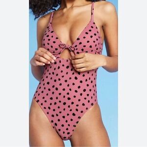 NWT Shade & Shore Dusty Mauve Black Polka Dot One Piece Swimsuit Size Large